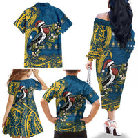 Nauru Christmas Family Matching Off The Shoulder Long Sleeve Dress and Hawaiian Shirt Frigatebird Bird Santa Tribal Waves DT05 - Polynesian Pride