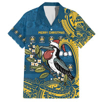 Nauru Christmas Family Matching Off The Shoulder Long Sleeve Dress and Hawaiian Shirt Frigatebird Bird Santa Tribal Waves DT05 Dad's Shirt - Short Sleeve Deep Blue - Polynesian Pride