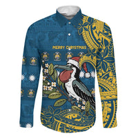 Nauru Christmas Family Matching Off Shoulder Maxi Dress and Hawaiian Shirt Frigatebird Bird Santa Tribal Waves DT05 Dad's Shirt - Long Sleeve Deep Blue - Polynesian Pride