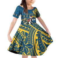 Nauru Christmas Family Matching Off Shoulder Short Dress and Hawaiian Shirt Frigatebird Bird Santa Tribal Waves DT05 Daughter's Dress Deep Blue - Polynesian Pride