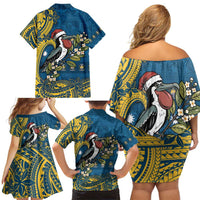 Nauru Christmas Family Matching Off Shoulder Short Dress and Hawaiian Shirt Frigatebird Bird Santa Tribal Waves - Polynesian Pride