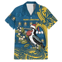 Nauru Christmas Family Matching Off Shoulder Short Dress and Hawaiian Shirt Frigatebird Bird Santa Tribal Waves DT05 Dad's Shirt - Short Sleeve Deep Blue - Polynesian Pride