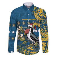 Nauru Christmas Family Matching Off Shoulder Short Dress and Hawaiian Shirt Frigatebird Bird Santa Tribal Waves DT05 Dad's Shirt - Long Sleeve Deep Blue - Polynesian Pride