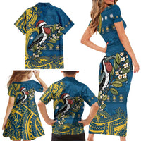 Nauru Christmas Family Matching Short Sleeve Bodycon Dress and Hawaiian Shirt Frigatebird Bird Santa Tribal Waves - Polynesian Pride