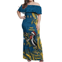 Nauru Christmas Off Shoulder Maxi Dress Frigatebird Bird Santa Tribal Waves DT05 Women Deep Blue - Polynesian Pride