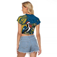 Nauru Christmas Raglan Cropped T Shirt Frigatebird Bird Santa Tribal Waves - Polynesian Pride