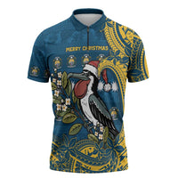 Nauru Christmas Zipper Polo Shirt Frigatebird Bird Santa Tribal Waves - Polynesian Pride