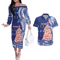 Northern Mariana Islands Christmas Couples Matching Off The Shoulder Long Sleeve Dress and Hawaiian Shirt Seashell Xmas Tree Tribal Waves DT05 Navy - Polynesian Pride