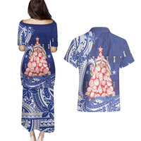 Northern Mariana Islands Christmas Couples Matching Puletasi and Hawaiian Shirt Seashell Xmas Tree Tribal Waves - Polynesian Pride