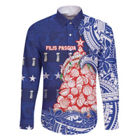 Northern Mariana Islands Christmas Family Matching Off The Shoulder Long Sleeve Dress and Hawaiian Shirt Seashell Xmas Tree Tribal Waves DT05 Dad's Shirt - Long Sleeve Navy - Polynesian Pride