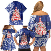 Northern Mariana Islands Christmas Family Matching Off Shoulder Short Dress and Hawaiian Shirt Seashell Xmas Tree Tribal Waves DT05 - Polynesian Pride