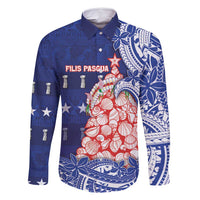 Northern Mariana Islands Christmas Family Matching Off Shoulder Short Dress and Hawaiian Shirt Seashell Xmas Tree Tribal Waves DT05 Dad's Shirt - Long Sleeve Navy - Polynesian Pride