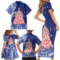 Northern Mariana Islands Christmas Family Matching Short Sleeve Bodycon Dress and Hawaiian Shirt Seashell Xmas Tree Tribal Waves DT05 - Polynesian Pride