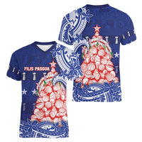 Northern Mariana Islands Christmas Women V-Neck T-Shirt Seashell Xmas Tree Tribal Waves - Polynesian Pride