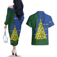 Solomon Islands Christmas Couples Matching Off The Shoulder Long Sleeve Dress and Hawaiian Shirt Seashell Xmas Tree Tribal Waves - Polynesian Pride