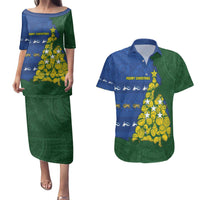 Solomon Islands Christmas Couples Matching Puletasi and Hawaiian Shirt Seashell Xmas Tree Tribal Waves - Polynesian Pride