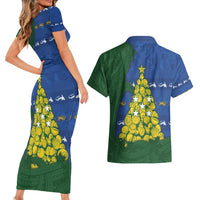 Solomon Islands Christmas Couples Matching Short Sleeve Bodycon Dress and Hawaiian Shirt Seashell Xmas Tree Tribal Waves - Polynesian Pride