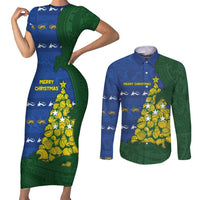Solomon Islands Christmas Couples Matching Short Sleeve Bodycon Dress and Long Sleeve Button Shirt Seashell Xmas Tree Tribal Waves - Polynesian Pride