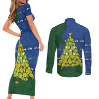 Solomon Islands Christmas Couples Matching Short Sleeve Bodycon Dress and Long Sleeve Button Shirt Seashell Xmas Tree Tribal Waves - Polynesian Pride