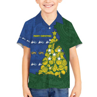 Solomon Islands Christmas Family Matching Tank Maxi Dress and Hawaiian Shirt Seashell Xmas Tree Tribal Waves DT05 Son's Shirt Navy - Polynesian Pride