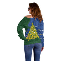 Solomon Islands Christmas Off Shoulder Sweater Seashell Xmas Tree Tribal Waves - Polynesian Pride