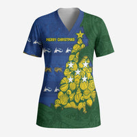 Solomon Islands Christmas Scrub Top Seashell Xmas Tree Tribal Waves - Polynesian Pride