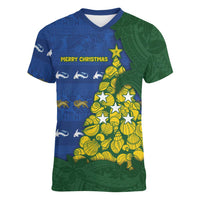 Solomon Islands Christmas Women V-Neck T-Shirt Seashell Xmas Tree Tribal Waves - Polynesian Pride
