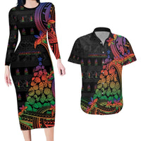 New Caledonia Christmas Couples Matching Long Sleeve Bodycon Dress and Hawaiian Shirt Seashell Xmas Tree Tribal Waves DT05 Black - Polynesian Pride