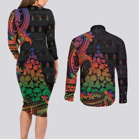New Caledonia Christmas Couples Matching Long Sleeve Bodycon Dress and Long Sleeve Button Shirt Seashell Xmas Tree Tribal Waves - Polynesian Pride
