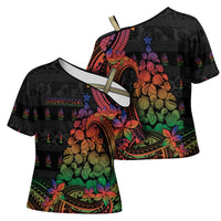 New Caledonia Christmas Cross Shoulder Shirt Seashell Xmas Tree Tribal Waves - Polynesian Pride