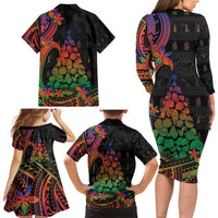 New Caledonia Christmas Family Matching Long Sleeve Bodycon Dress and Hawaiian Shirt Seashell Xmas Tree Tribal Waves - Polynesian Pride