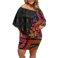 New Caledonia Christmas Family Matching Off Shoulder Short Dress and Hawaiian Shirt Seashell Xmas Tree Tribal Waves DT05 Mom's Dress Black - Polynesian Pride