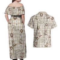 Hawaii Palaka Cowboy Couples Matching Off Shoulder Maxi Dress and Hawaiian Shirt Shell Maile Lei With Western Patterns - Polynesian Pride