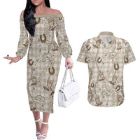 Hawaii Palaka Cowboy Couples Matching Off The Shoulder Long Sleeve Dress and Hawaiian Shirt Shell Maile Lei With Western Patterns - Polynesian Pride