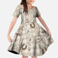 Hawaii Palaka Cowboy Family Matching Off The Shoulder Long Sleeve Dress and Hawaiian Shirt Shell Maile Lei With Western Patterns DT05 Daughter's Dress Beige - Polynesian Pride