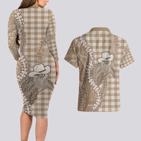Beige Hawaii Palaka Cowboy Turtle Couples Matching Long Sleeve Bodycon Dress and Hawaiian Shirt Hawaiian Paniolo Puakenikeni Maile Lei DT05 - Polynesian Pride