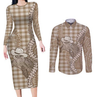 Beige Hawaii Palaka Cowboy Turtle Couples Matching Long Sleeve Bodycon Dress and Long Sleeve Button Shirt Hawaiian Paniolo Puakenikeni Maile Lei - Polynesian Pride