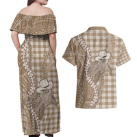 Beige Hawaii Palaka Cowboy Turtle Couples Matching Off Shoulder Maxi Dress and Hawaiian Shirt Hawaiian Paniolo Puakenikeni Maile Lei DT05 - Polynesian Pride
