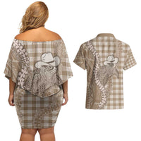 Beige Hawaii Palaka Cowboy Turtle Couples Matching Off Shoulder Short Dress and Hawaiian Shirt Hawaiian Paniolo Puakenikeni Maile Lei DT05 - Polynesian Pride