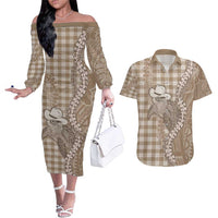 Beige Hawaii Palaka Cowboy Turtle Couples Matching Off The Shoulder Long Sleeve Dress and Hawaiian Shirt Hawaiian Paniolo Puakenikeni Maile Lei - Polynesian Pride