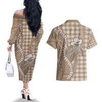 Beige Hawaii Palaka Cowboy Turtle Couples Matching Off The Shoulder Long Sleeve Dress and Hawaiian Shirt Hawaiian Paniolo Puakenikeni Maile Lei DT05 - Polynesian Pride