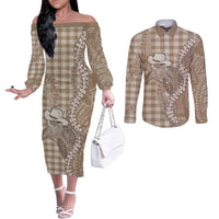 Beige Hawaii Palaka Cowboy Turtle Couples Matching Off The Shoulder Long Sleeve Dress and Long Sleeve Button Shirt Hawaiian Paniolo Puakenikeni Maile Lei - Polynesian Pride