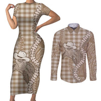 Beige Hawaii Palaka Cowboy Turtle Couples Matching Short Sleeve Bodycon Dress and Long Sleeve Button Shirt Hawaiian Paniolo Puakenikeni Maile Lei DT05 Beige - Polynesian Pride