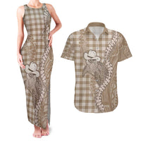 Beige Hawaii Palaka Cowboy Turtle Couples Matching Tank Maxi Dress and Hawaiian Shirt Hawaiian Paniolo Puakenikeni Maile Lei - Polynesian Pride