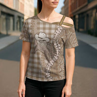Beige Hawaii Palaka Cowboy Turtle Cross Shoulder Shirt Hawaiian Paniolo Puakenikeni Maile Lei - Polynesian Pride