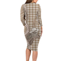 Beige Hawaii Palaka Cowboy Turtle Family Matching Long Sleeve Bodycon Dress and Hawaiian Shirt Hawaiian Paniolo Puakenikeni Maile Lei DT05 - Polynesian Pride