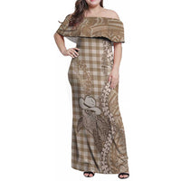 Beige Hawaii Palaka Cowboy Turtle Family Matching Off Shoulder Maxi Dress and Hawaiian Shirt Hawaiian Paniolo Puakenikeni Maile Lei DT05 Mom's Dress Beige - Polynesian Pride