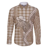 Beige Hawaii Palaka Cowboy Turtle Family Matching Off Shoulder Short Dress and Hawaiian Shirt Hawaiian Paniolo Puakenikeni Maile Lei DT05 Dad's Shirt - Long Sleeve Beige - Polynesian Pride