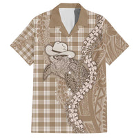 Beige Hawaii Palaka Cowboy Turtle Family Matching Short Sleeve Bodycon Dress and Hawaiian Shirt Hawaiian Paniolo Puakenikeni Maile Lei - Polynesian Pride