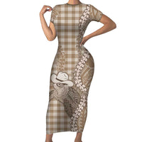 Beige Hawaii Palaka Cowboy Turtle Family Matching Short Sleeve Bodycon Dress and Hawaiian Shirt Hawaiian Paniolo Puakenikeni Maile Lei DT05 Mom's Dress Beige - Polynesian Pride